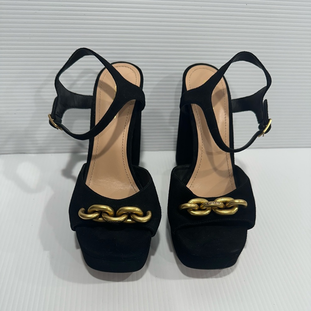 Coach Black Platform Heels with Gold Accent - Picture 6 of 10